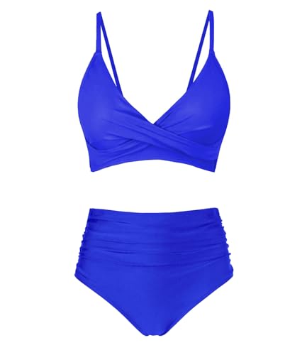 Image of Amy Babe Women's High Waisted Bikini Sets Push Up Twist Front Spaghetti Straps Ruched Two Piece Swimsuit Bathing Suit
