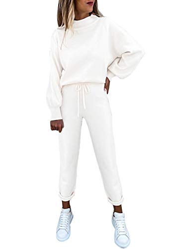 LOV ANNY Women Round Neck Batwing Long Sleeve Tracksuits Casual 2 Piece Sweatsuit Set White 2XXL
