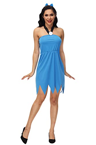 AOBUTE Halloween Womens Costume Halter Neck Dress Blue Rubble Betty Adult Cavemen Cosplay Outfit XL