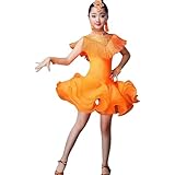 HWBZSZY 女の子のためのラテンダンスドレスキッズノースリーブスパンコールタッセルフリンジダンス競技パーティー衣装のためのスカートボールルームドレス,イエロー,150