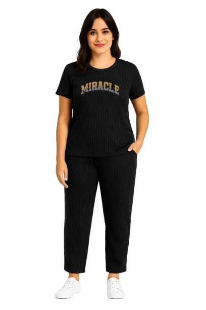 Women Ribbed Cotton Night Suit Set | Half Sleeve T-Shirt & Pyjama Set | Soft Stretchable Lounge Wear for Ladies (Printed Top & Solid Bottom)-picture-54
