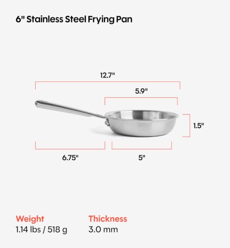 Image of Misen 5-Ply Stainless Steel 6 inch Frying Pan - Professional Cookware for Induction, Gas and Electric - Dishwasher Safe, Oven Safe to 800F - Durable, Versatile, Even Heating