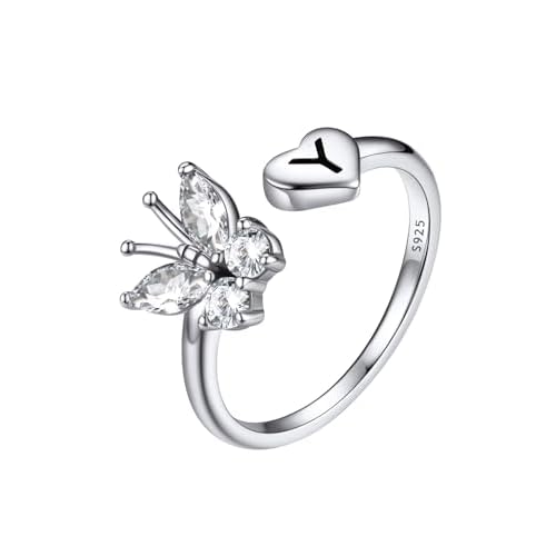 FaithHeart Sterling Silver Initial Butterfly Ring for Women Adjustable Open Ring Dainty Letter Rings Cute Heart Rings Stackable Rings Trendy Jewelry Gifts