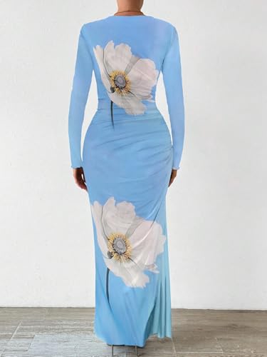 Image of MARZXIN Women Long Sleeve Maxi Dress Bodycon Ruched Formal Slim Fit Tie Dye Dress Formal Mesh Dress