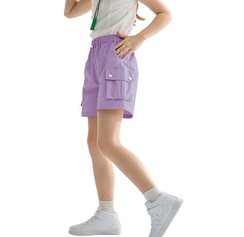 Image of Rolanko Girls Cargo Shorts Lightweight Parachute Short Pants with Pockets Summer Cargo Shorts for Kids Casual Hiking Sports