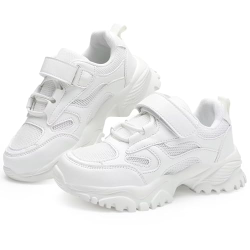 DSWED White Kids Shoes for Boys Girls Lightweight Breathable Knit Athletic Fashion Sneakers Tennis Running Shoes Little Kid Size 4 M US