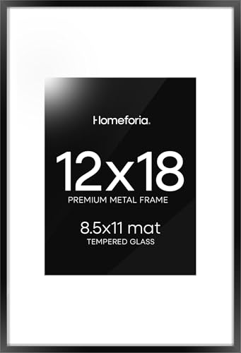 Homeforia 12x18 Picture Frame Black, High End Metal 12x18 Poster Frames with Mat 8.5x11 Photo, 12 x 18 Black Frames Matted to 8.5 by 11 inch Print, 18x12 Thin Frame, Tempered Glass, Wall Kit, Set of 1