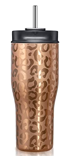 Civago 30 Oz Insulated Tumbler With Straw And Lid, Stainless Steel Travel Coffee Mug Cup, Double Wall Vacuum Water Bottle, Gold Leopard #TOP16