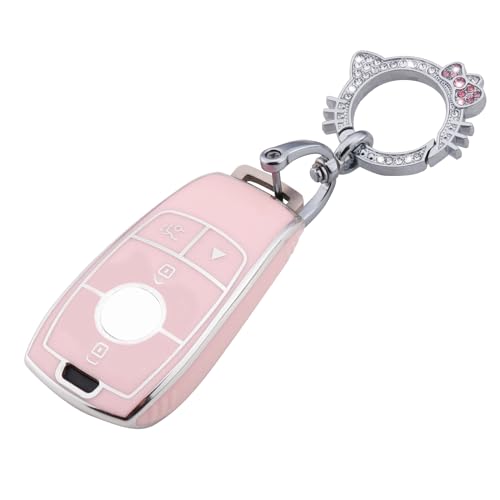 Image of Pangpai Pink Key Fob Cover for Mercedes Benz, Soft TPU Key Case Protection with Bling Keychain Fit for A-Class C-Class G-Class 2017-2020 E-Class S-Class