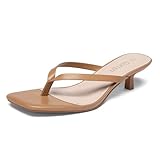Gorfen Women's Kitten Heel Sandals Square Toe Thong Heels Cushioned Flip Flop Summer Open Back Tan Size 7.5