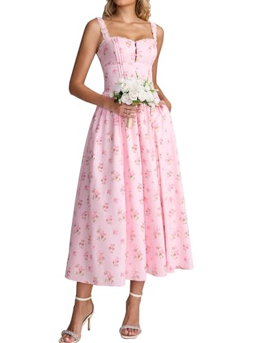 Image of KUTUMAI Women Summer Corset Midi Floral Wedding Guest Dresses with Pockets | Lace Neck, Smocked Back, Flowy A Line Sundress for 2026 Engagement Photoshoot Bridal Shower Garden Party