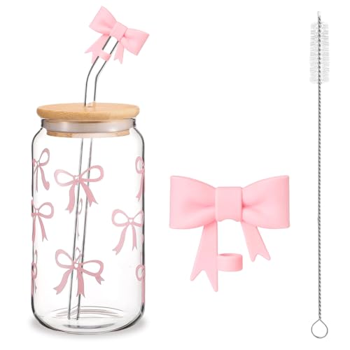 AHEJIOO 16 Oz Rosa Glasbecher Mit Deckeln Und Strohhalmen, Coquette Bow Design, Glasbecher Eleganter Trinkbecher Für Iced Coffee Smoothie Matcha Cocktail, Aesthetic Stuff Clean Girl, Matcha Gläser