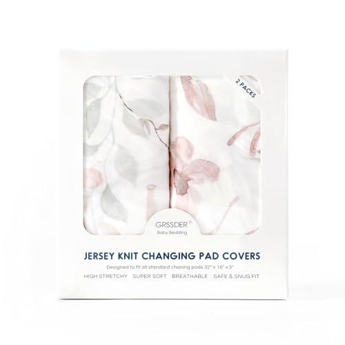 Image of GRSSDER Stretch Ultra Soft Jersey Knit Changing Pad Cover Set 2 Pack, Change Table Pad Covers Fit 32 inch /34 inch x 16 inch Pads Safe and Snug, Beautiful Blush Pink Floral and Cute Animals Print for Girls