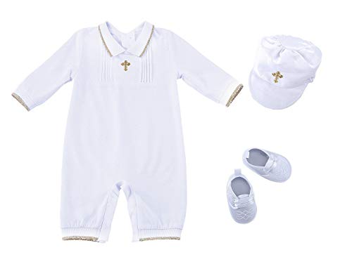 Bow Dream 3 pcs Baby Boy Baptism Outfit with Hat and Shoes Long Sleeve White 3-6 Months