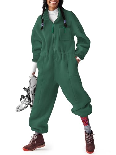 Yousify Fleece Overalls for Women Winter Warm Onesie Jumpsuits One Piece Outfits Set Loose Casual Ski Suit with Pockets Army Green XL