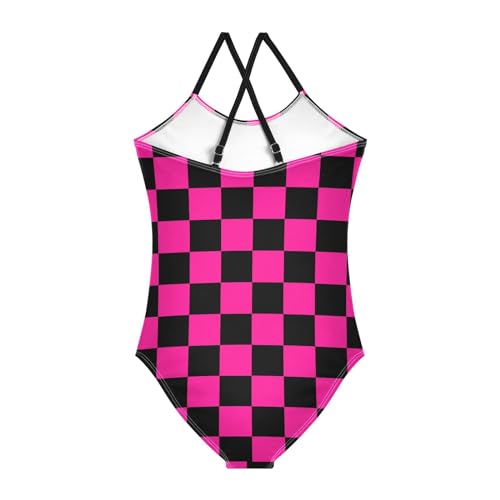 Image of Black and White Chess Girls One Piece Swimsuits Board Marble Tile Sport Halter Swimwear Beach Bathing Suit 3T