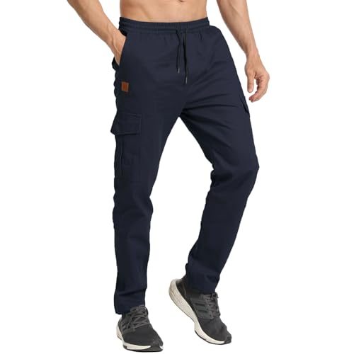 JustSun Cargohose Herren Chino Hosen Herren Cargo Jogginghose Baumwolle Freizeithose Herren Lang Elastische Taille mit Mehrere Taschen Blau M