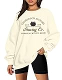 JINTING Halloween Sweatshirt for Women Sanderson Sisters Embroidery Sweatshirts Hocus Pocus Crew Neck Pullover Tops Creamy White