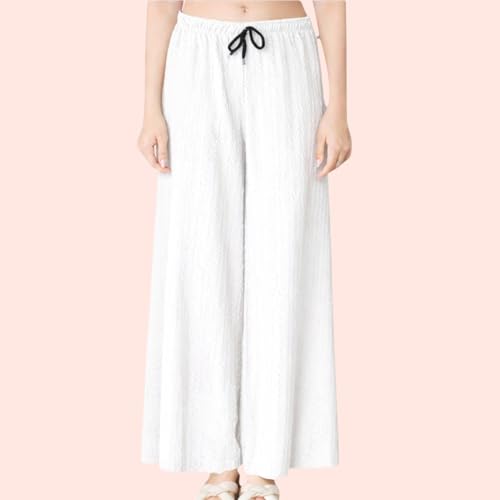 Image of Women Solid Wide Leg Palazzo Pants | Elastic Waist Drawstring Lounge Palazzo Trousers | Casual Comfortable Palazzo for Women & Girls (Pack of 2 Cream-White