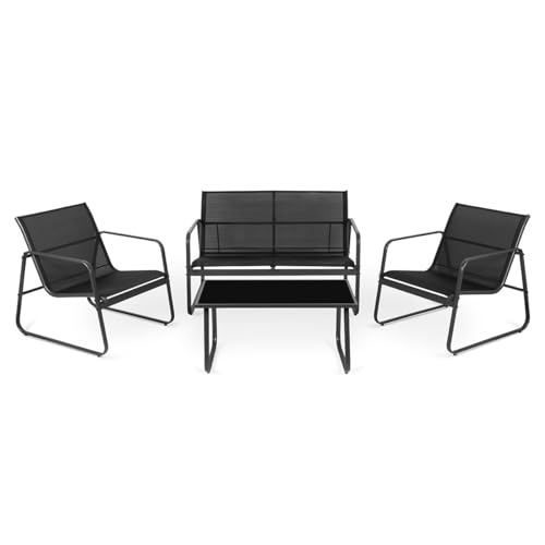 Mc Haus Conjunto de jardín 4 plazas Capri Night, Mesa de Centro Exterior + sofá 2 plazas + 2 sillones, Color Negro, Resistente a los Rayos UV