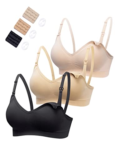 Image of HOFISH 3 Pack Seamless Clip Down Deep V Neck Push Up Nursing Bra Maternity Bras 3PACK Black Beige Nude Small