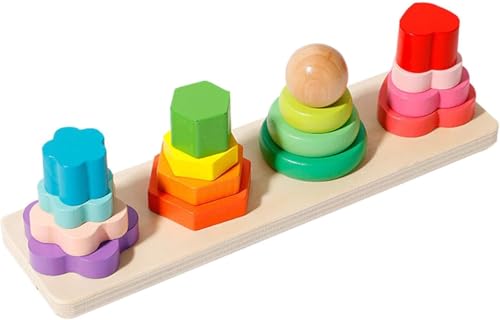 Image of SHINETOY Wooden Four-Pillar Stacking Block Toy | 16 Colorful Shape & Color Sorting Blocks | Montessori Educational Toy for Toddlers to Build Fine Motor Skills & Hand-Eye Coordination