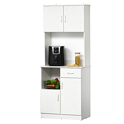 HOMCOM-Alacena-de-Cocina-Mueble-Auxiliar-Buffet-para-Microondas-con-3-Armarios-de-Puertas-Balda-Ajustable-Cajon-y-Estante-Abierto-71x41x178-cm-Blanco
