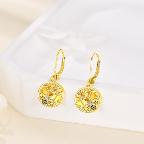 Image of LUHE Bee Earrings for Women 925 Sterling Silver Bumble Earrings with Honeycomb Honeybee Jewelry Dangle Gifts for Women