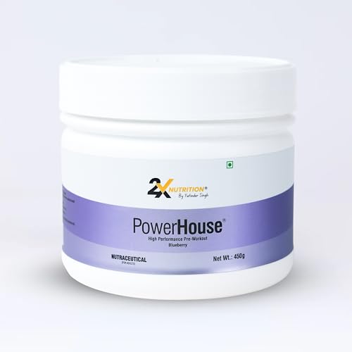 Image of POWERHOUSE by 2X Nutrition High-performance pre-workout | 450 gm | 30 Servings | Constant Energy throughout | Increases focus | Improves performance | 0.2g caffeine | Blueberry Flavor