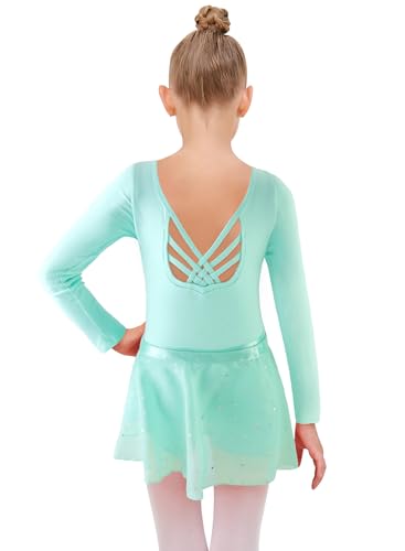 Image of EQSJIU Ballet Leotards for Girls with Removable Skirt Combo Tie Ruffle Sleeve Outfit