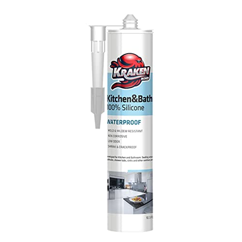 Kraken Bond 100% White Silicone Caulk - Waterproof & Low Odor Sealant for Kitchen and Bathroom, Bathtub, Shower, Sink | Anti Shrink Caulking | 10.1 Fl. Oz, 1 Pack