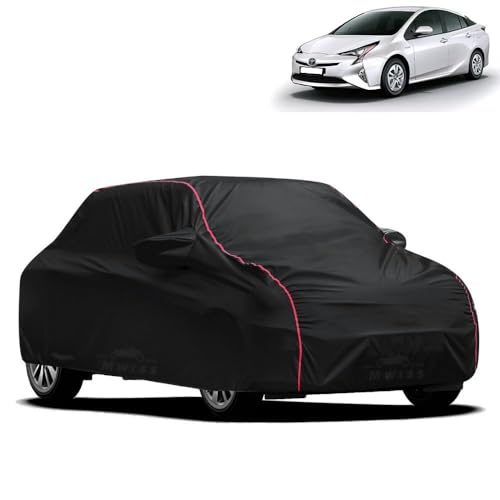 Image of Waterproof Car Cover for Toyota Prius | All-Weather Protection, Dustproof & UV Resistant | Triple Stitched Mirror Pockets, Windproof Buckle Strap with Elastic Hem, Black-Red Piping