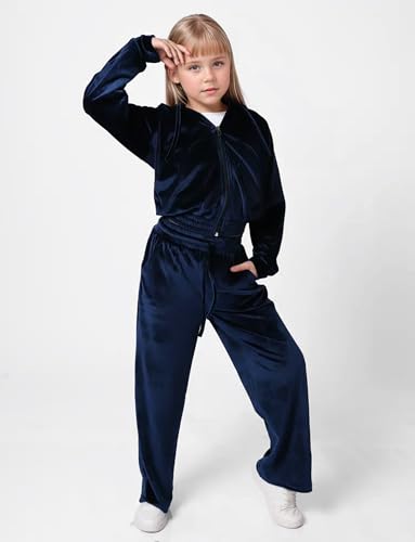 Happy Cherry Girls 2 Piece Velour Fleece Sweatsuit Kids Winter Warm Hooded Clothes Set Sports Velvet Zip Up Tracksuit3