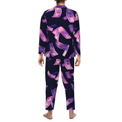 Purple Dollar Flying In The Air Mens Pajamas Set Button Down Sleepwear Set Long Sleeve Loungewear With Pockets2