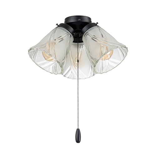 Aspen Creative 22012-3 Three-Light Ceiling Fan Light Kit with Pull Chain Matte Black Finish with Frosted and Clear Glass Shades 14 Diameter x 7-3/8 Height