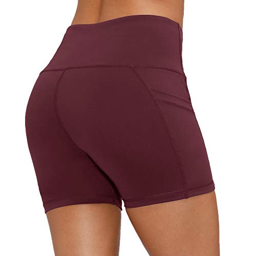 CQC Women\'s High Waist Yoga Shorts Compression Workout Running Bike Shorts Side Pockets Wine Red M - Thumbnail 4