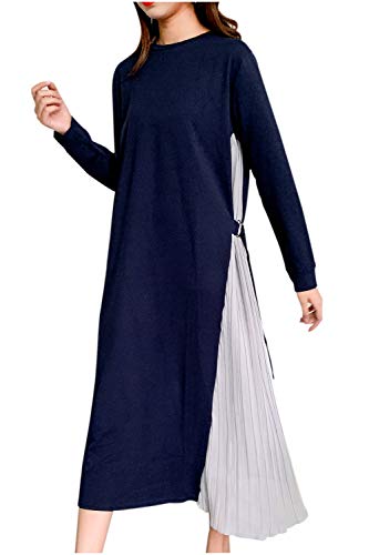 [ネコート] NC212NVGY-L-M ロングワンピース 切り替え スリット プリーツ 異素材 ロング 丈 ワンピ ワンピース ロングワンピ 秋ワンピ ゆったり 大きい おおきい サイズ フェミニン 服 韓国 ファッション 秋 冬 アキ フユ 秋冬 アキフユ お洒落 おしゃれ 大人 ミモレ ベルト 黒 クロ 10代 20代 30代 40代 50代 60代 ネイビー & グレー 長袖 M