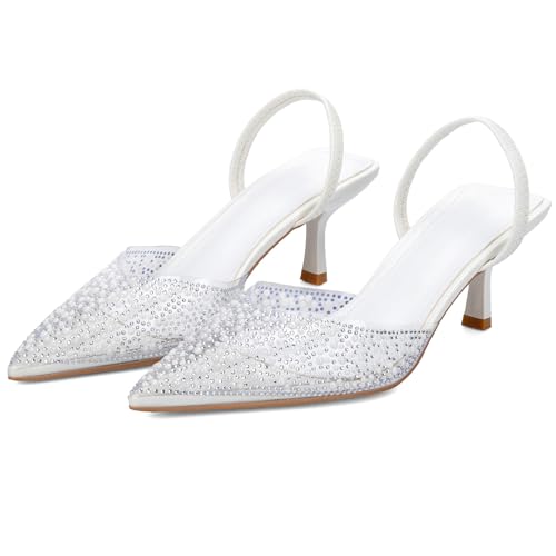 Image of YIYA Women's Clear Slingback Heels with Pearl Studded Pointed Toe Kitten Mid Heels Sparkly Rhinestone Slip On Wedding Party Shoes