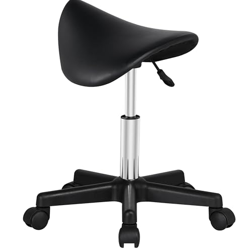 Yaheetech Taburete Ruedas Profesional PU Taburete Giratoria Redondo Altura Ajustable 45,5-60 cm Negro
