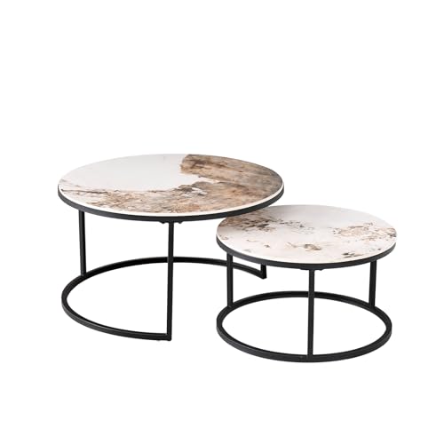 HJhomeheart Lot de 2 Tables Basses Gigognes en Marbre avec Plateau en Marbre Pandora et Structure en Métal Noir, Table D'appoint Ronde de Salon Moderne - 80 x...