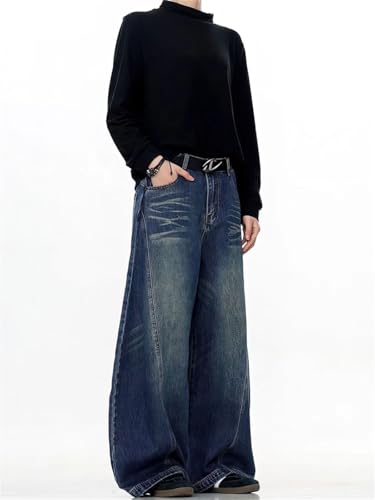 Men's Vintage Washed Baggy Jeans, Y2K Wide Leg, Curved Blade, Streetwear Cowboy Denim Trousers4