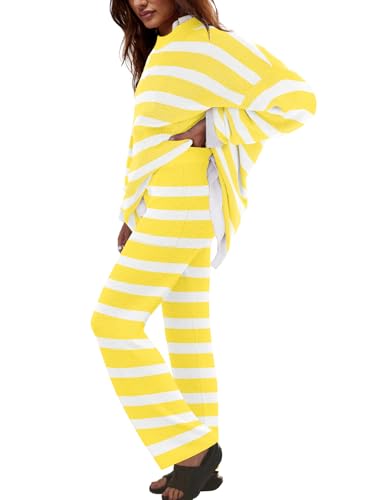 Image of LAMISSCHE Oversized Womens Lounge Set Striped Sweater Set Long Sleeve 2 Piece Pajama Set Top and Pants with Pockets