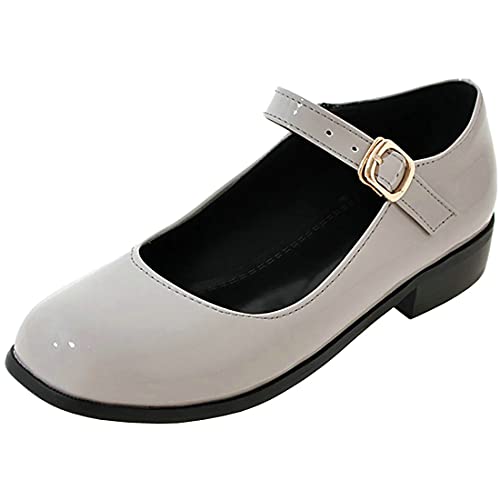 MAVMAX Women's Mary Jane Ankle Strap Flat Patent Leather Lolita Pumps (Grey, 8)