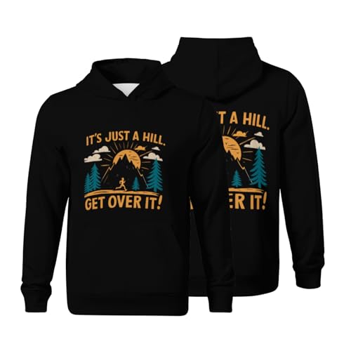 Kids Funny Running Motivational Saying Just a Hill Get Over It Boys Girls Lightweight Kangaroo Pocket Fleece Hoodies