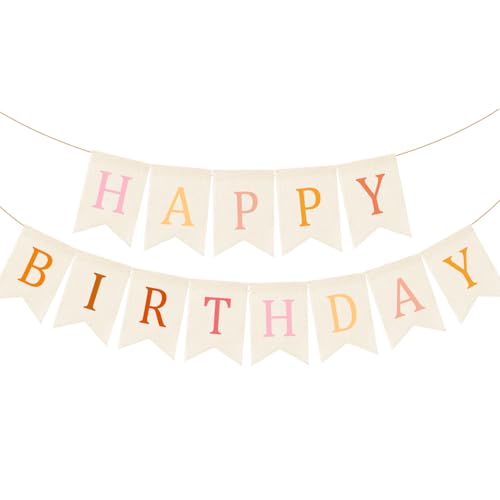 Image of Doumeny Happy Birthday Burlap Banner Boho Birthday Bunting Garland Pink Bohemian Sign Flag White Birthday Hanging Banner Pastel Rainbow Party Decor for Home Mantel Fireplace Nursery Party Backdrop