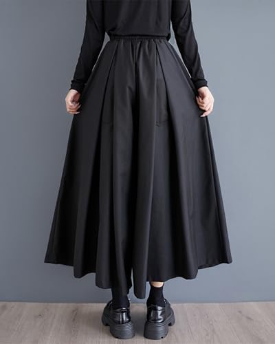 ellazhu Women's Pants Skirt Elastic Waist Wide Leg Pockets Solid Color Baggy Loose Oversize Trouser GZ317 A4