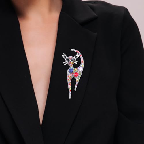 Image of Mabor Vintage Cat Brooch Pin, Rhinestone Cat Brooch for Women Girls Trendy Colorful Crystal Animal Kitten Brooches Lapel Pins