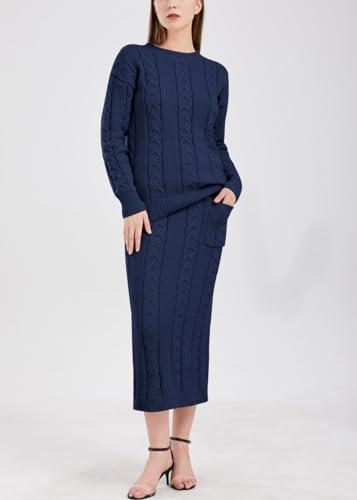 Image of chouyatou Women Winter Casual Chunky Cable Knit Long Pencil Skirt 2 Piece Outfit Oversized Pullover Sweater Sets