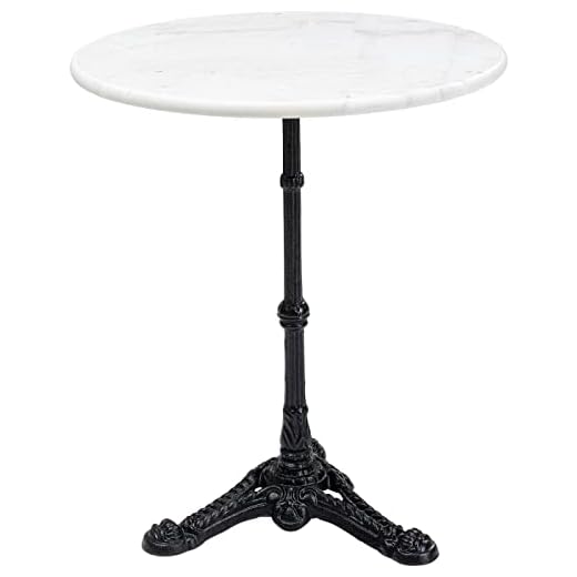 Kare Design Bistrotisch Kaffeehaus, Weiß, 60cm Durchmesser, Runder Indoor und Outdoor Tisch, Kleiner Esstisch für Balkon, Garten, Terrasse, Gartentisch im Vintage-Stil, Marmor, Schwarzer Stahlfuß