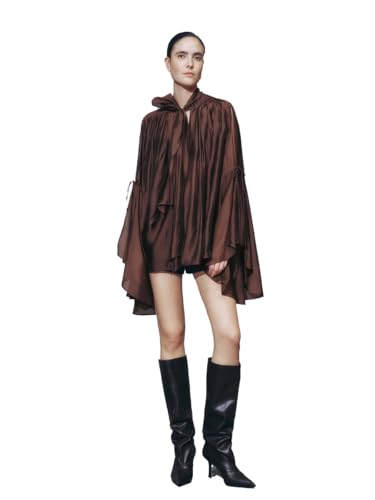 Women's Shirts Long Flowy Layered Bell Sleeve Blouse with Tie Neck Ruffle Hem Button Down Tops4